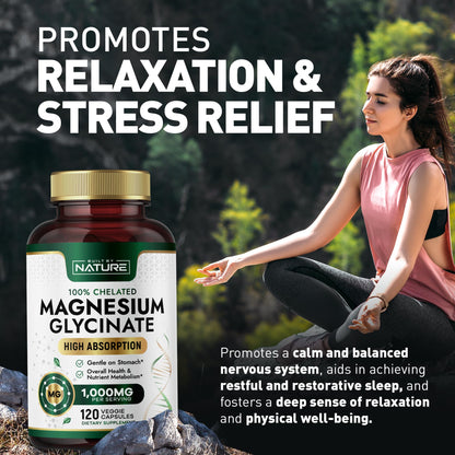 Built By Nature Magnesium Glycinate 1000mg – High Absorption Magnesium Glycinate – 100% Chelated, Gentle on Stomach - 120 Capsules
