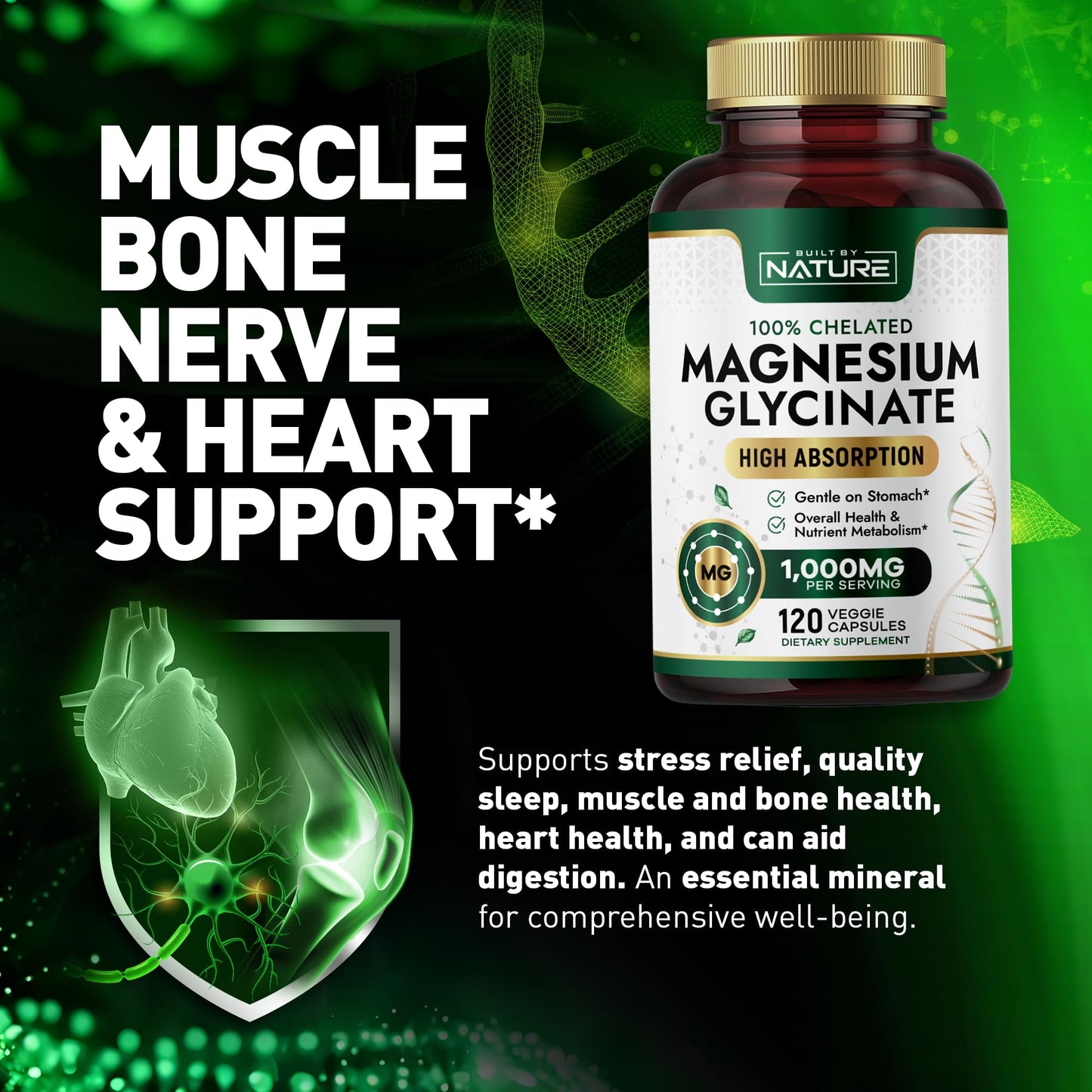 Built By Nature Magnesium Glycinate 1000mg – High Absorption Magnesium Glycinate – 100% Chelated, Gentle on Stomach - 120 Capsules