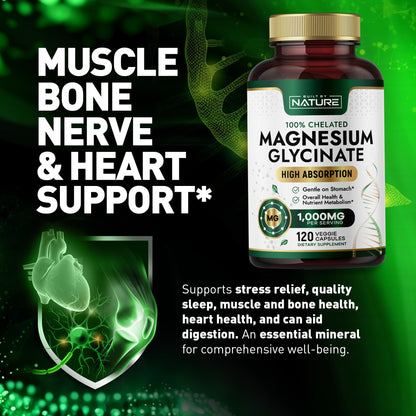 Built By Nature Magnesium Glycinate 1000mg – High Absorption Magnesium Glycinate – 100% Chelated, Gentle on Stomach - 120 Capsules