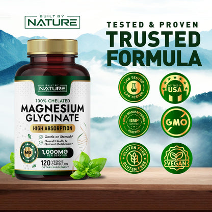 Built By Nature Magnesium Glycinate 1000mg – High Absorption Magnesium Glycinate – 100% Chelated, Gentle on Stomach - 120 Capsules