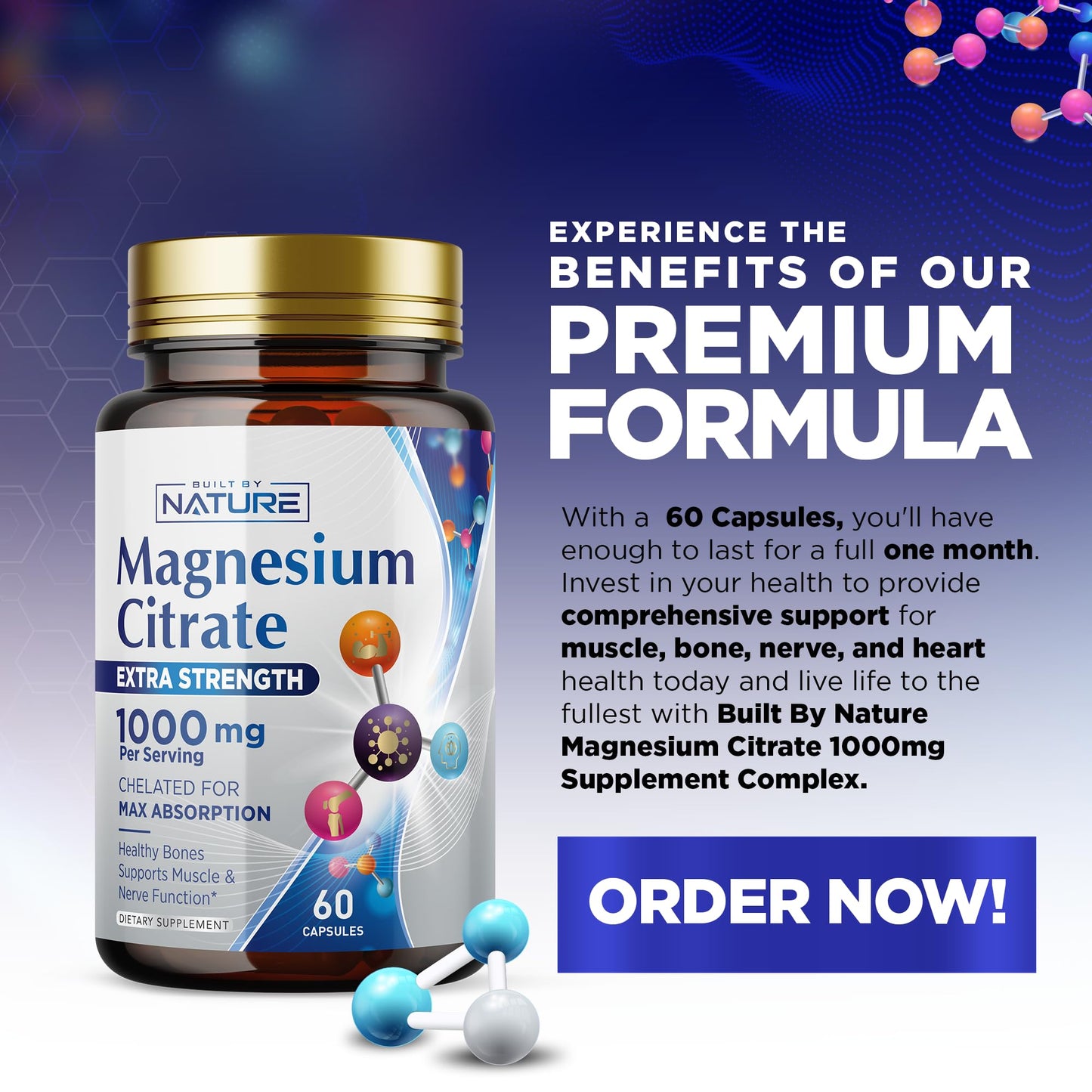 Magnesium Citrate 1000mg - Max Absorption & High Potency Magnesium Complex Supplement for Heart, Muscle, Nerve, Bone Health & Stress Relief - Non-GMO, Gluten-Free - 60 Vegan Capsules