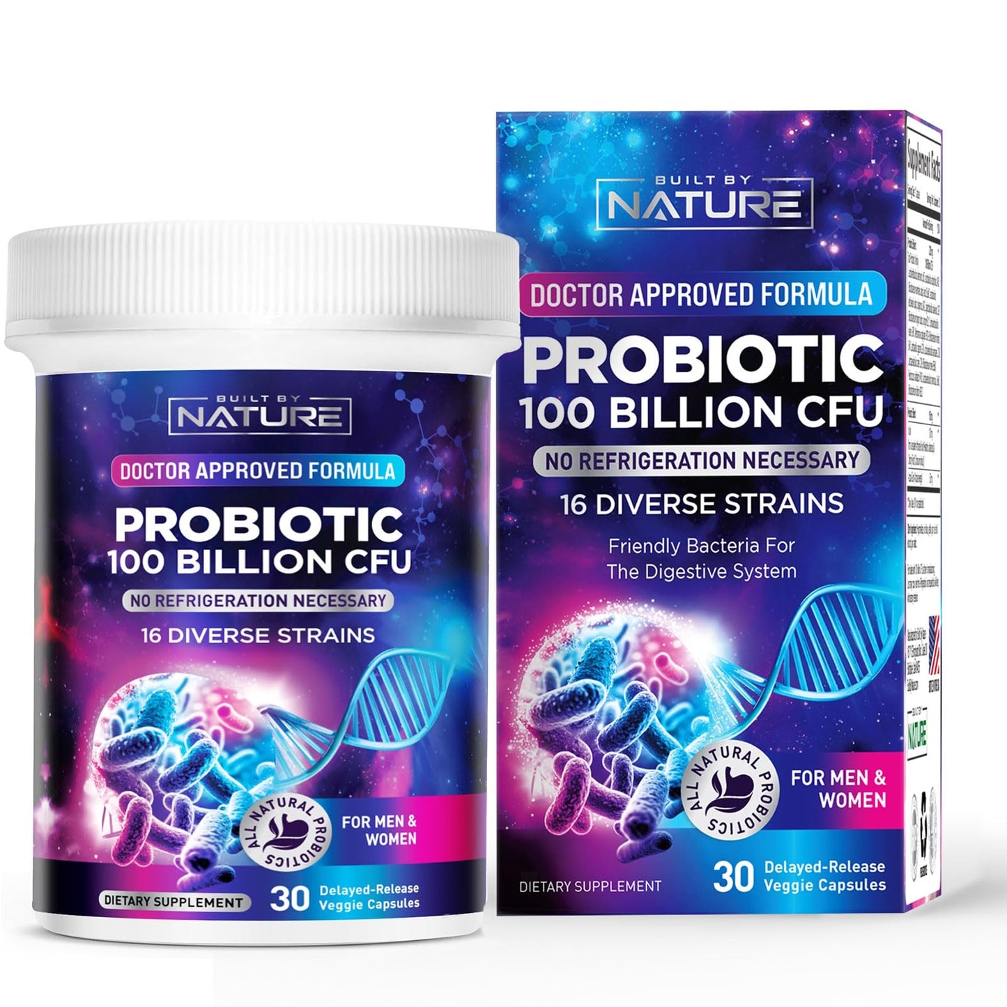 Built by Nature Probiotic 100B CFU – 16 Strains + Prebiotics, 30 Capsules