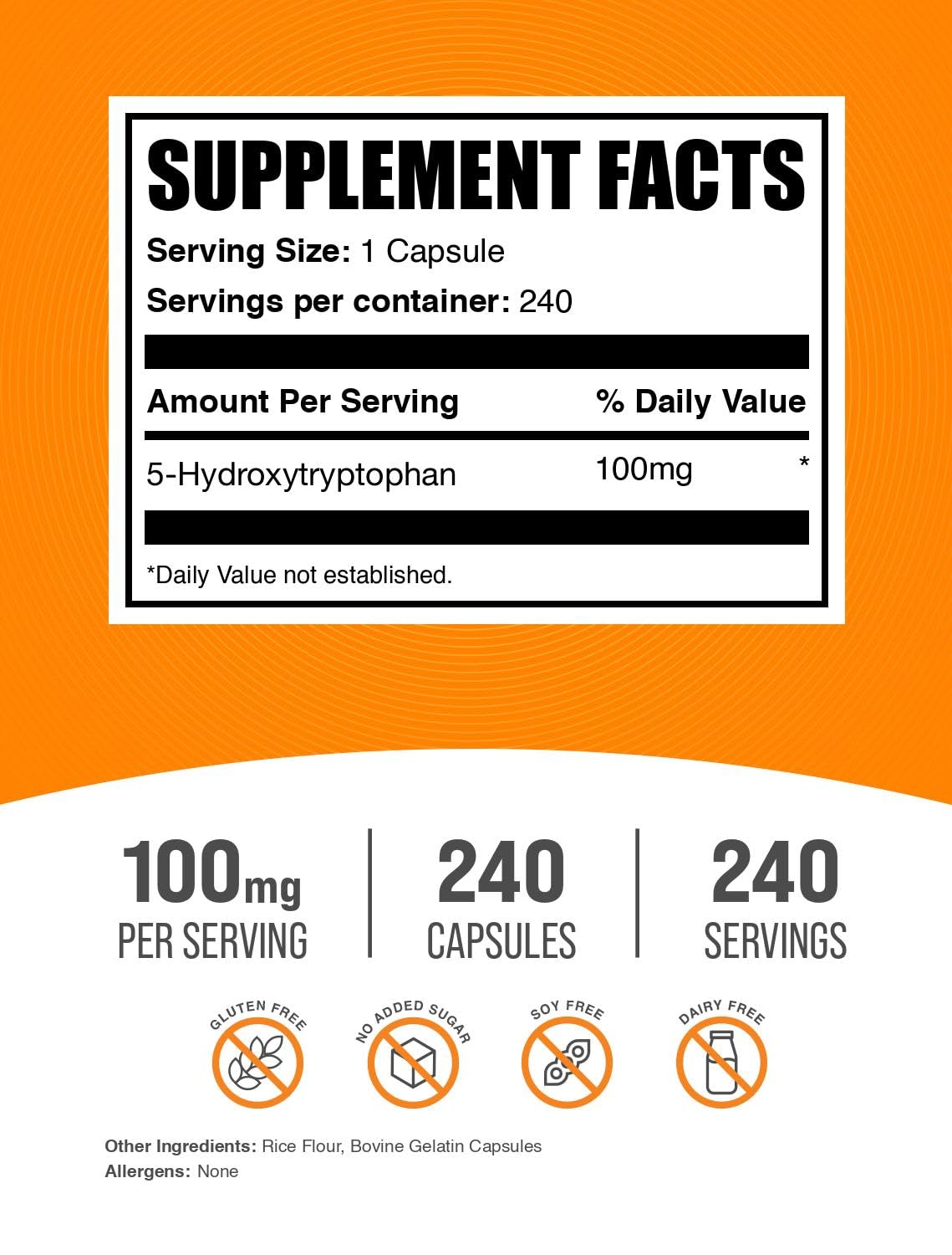 BulkSupplements.com 5-HTP Capsules - 5-Hydroxytryptophan 100mg, Gluten Free, 240 Count (Pack of 1)