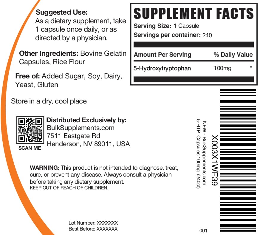 BulkSupplements.com 5-HTP Capsules - 5-Hydroxytryptophan 100mg, Gluten Free, 240 Count (Pack of 1)