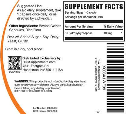 BulkSupplements.com 5-HTP Capsules - 5-Hydroxytryptophan 100mg, Gluten Free, 240 Count (Pack of 1)