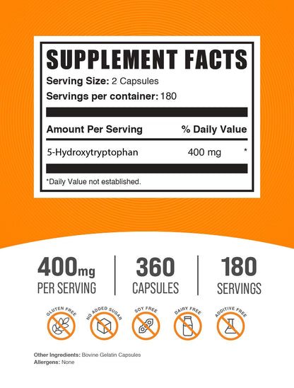BulkSupplements.com 5-HTP Capsules 400mg – Gluten Free, 360 Count