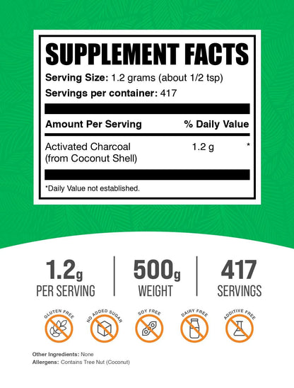Activated Charcoal Powder from Coconut Charcoal - 500g | Teeth Whitening, Vegan & Gluten Free | BulkSupplements
