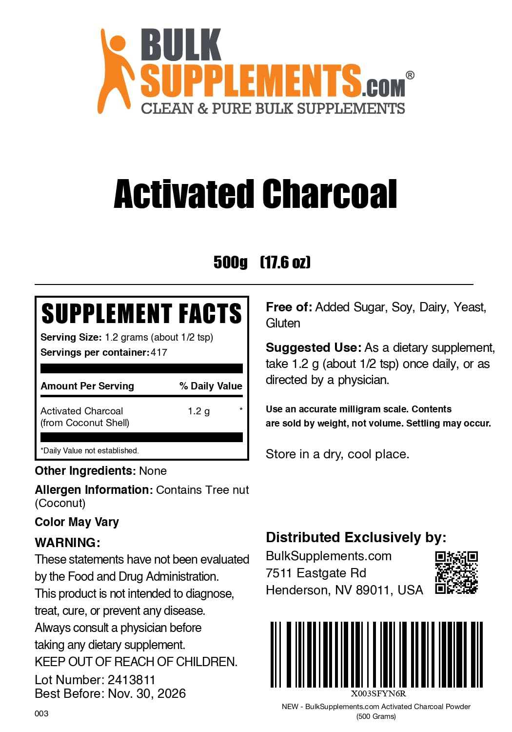 Activated Charcoal Powder from Coconut Charcoal - 500g | Teeth Whitening, Vegan & Gluten Free | BulkSupplements