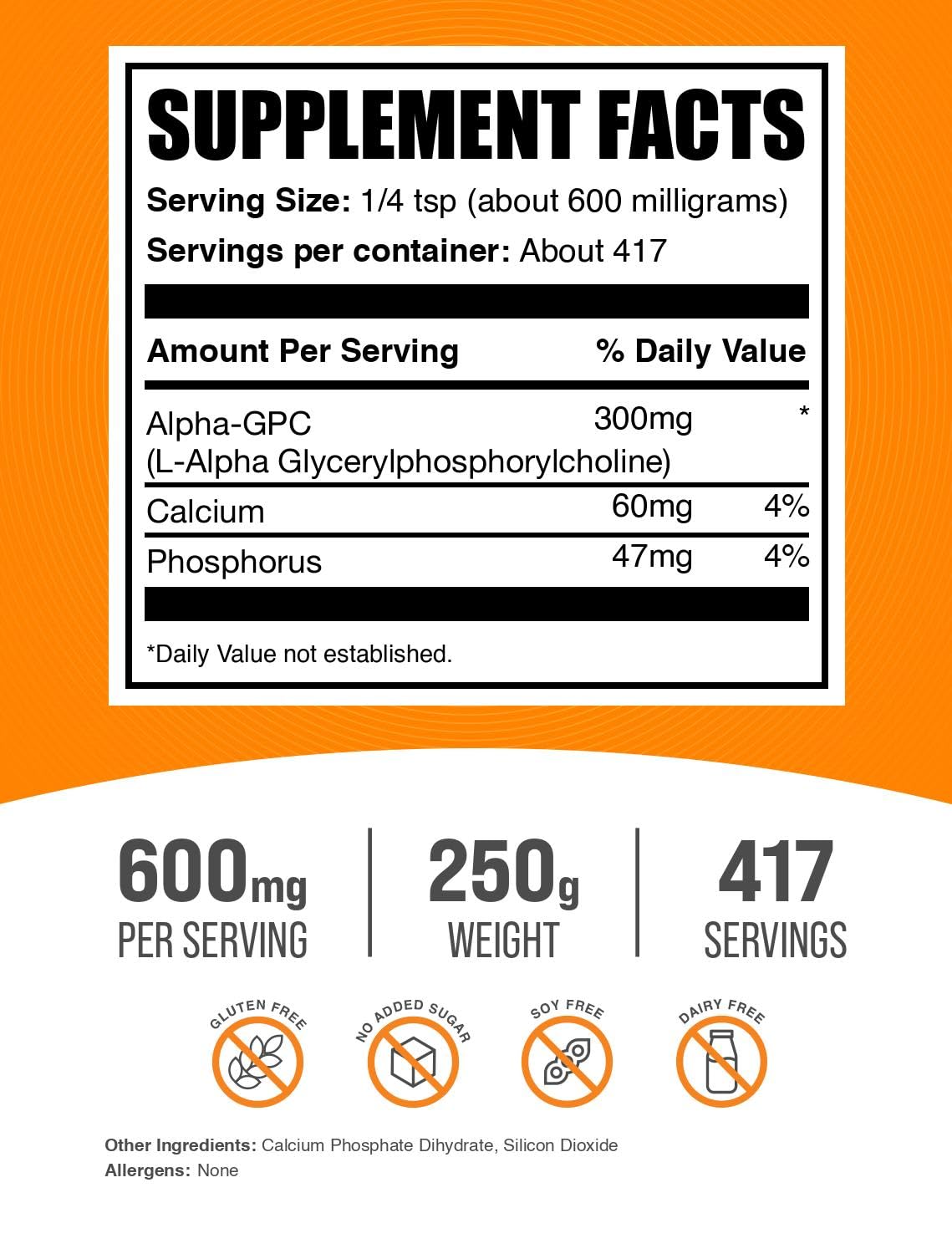 BulkSupplements Alpha GPC Powder - Choline Supplement, 600 mg per Serving, Unflavored & Gluten Free, 250 g (8.8 oz)