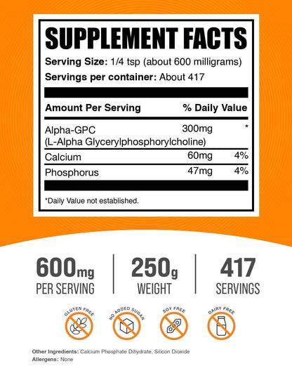 BulkSupplements Alpha GPC Powder - Choline Supplement, 600 mg per Serving, Unflavored & Gluten Free, 250 g (8.8 oz)