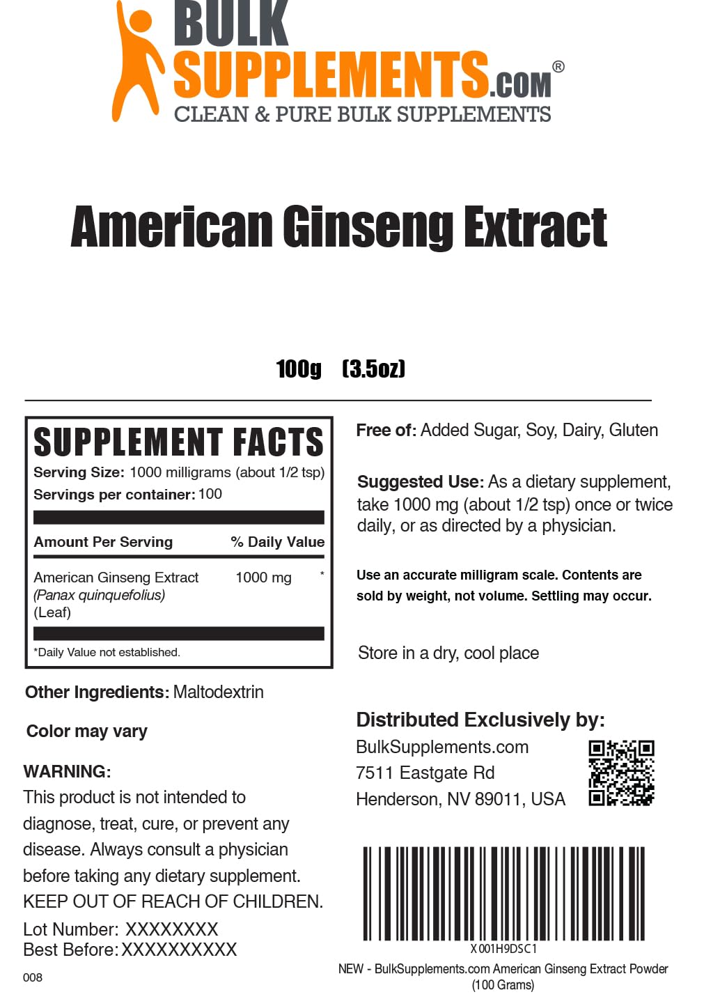 BulkSupplements.com American Ginseng Extract Powder – Ginseng Supplement, Gluten Free, 100g (3.5 oz), Pack of 1