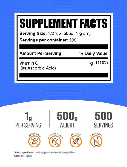 BulkSupplements Ascorbic Acid Powder – Vitamin C, Immune Support, 500g, Gluten Free