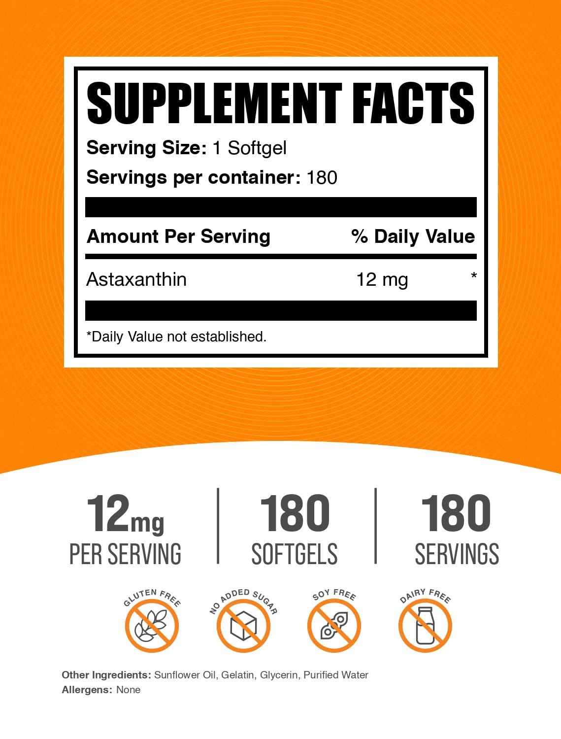 BulkSupplements Astaxanthin 12mg Softgels – Gluten Free, 180 Count (Pack of 1)