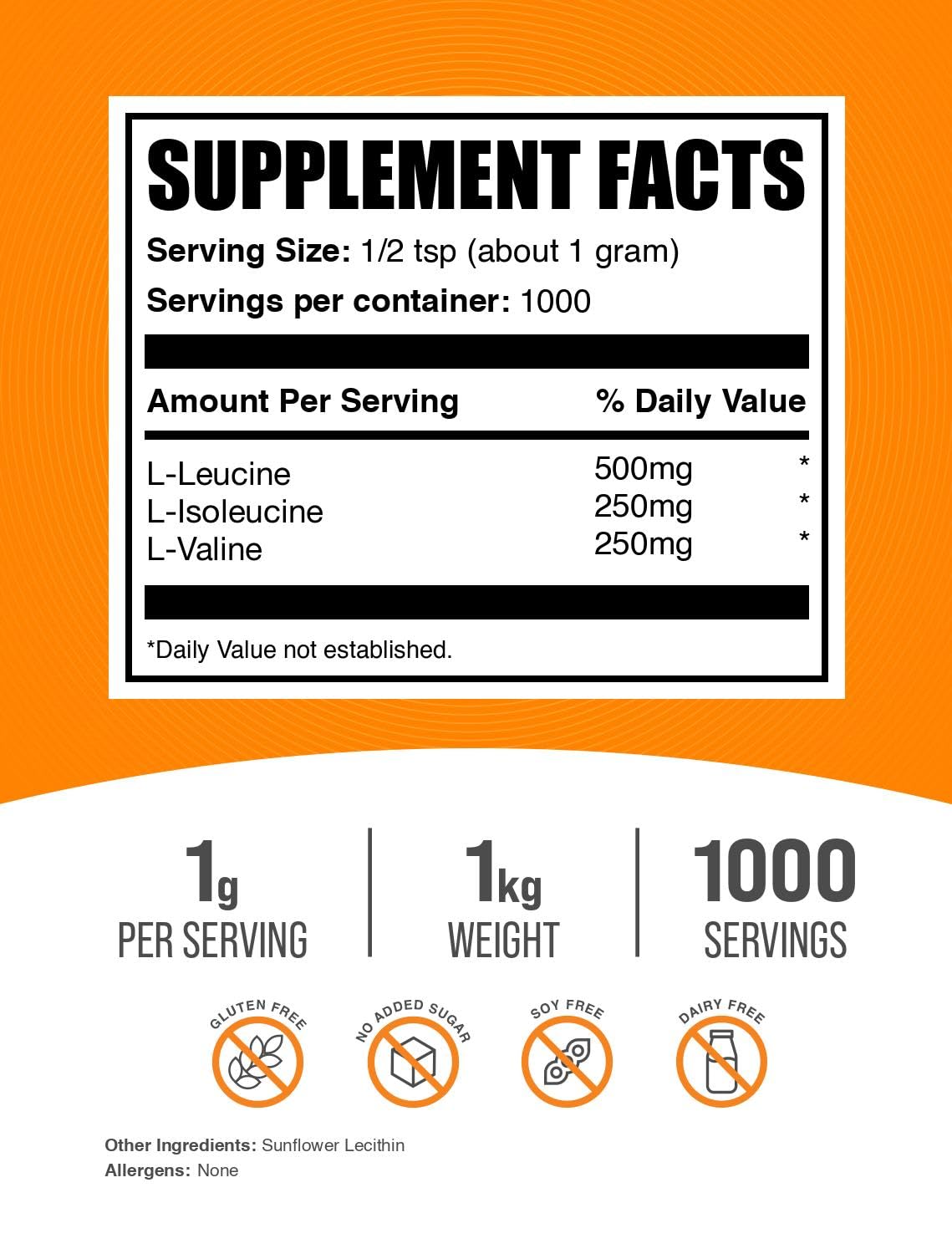 BulkSupplements BCAA 2:1:1 Powder – Unflavored, Gluten Free, 1g Per Serving, 1kg (2.2 lb)
