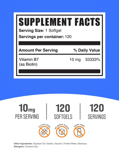 Biotin 10000mcg Softgels – Vitamin B7 for Hair, Skin & Nails | Gluten Free