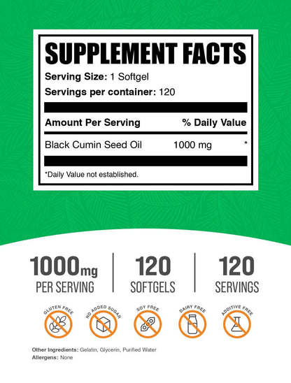BulkSupplements Black Cumin Seed Oil Softgels 1000mg – 120 Count (Gluten Free)
