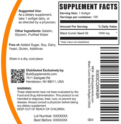 BulkSupplements Black Cumin Seed Oil Softgels 1000mg – 120 Count (Gluten Free)
