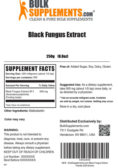 Black Fungus Mushroom Extract Powder (Wood Ear) – 500 mg, 250 g | Vegan & Gluten-Free | BulkSupplements.com