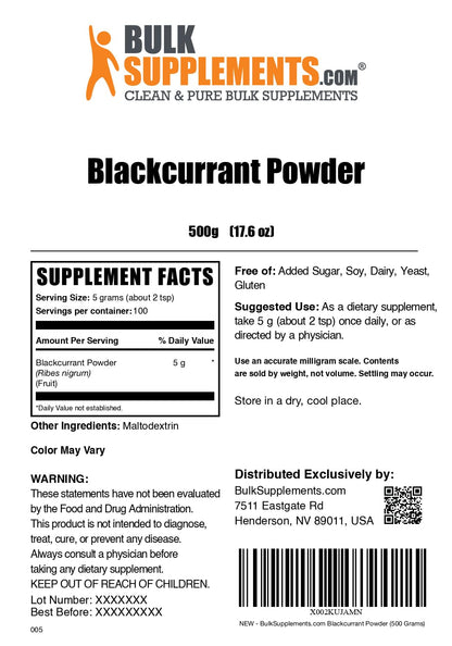 BulkSupplements Blackcurrant Powder – Gluten Free, Air Dried, 500g (1.1 lbs), 5g Serving