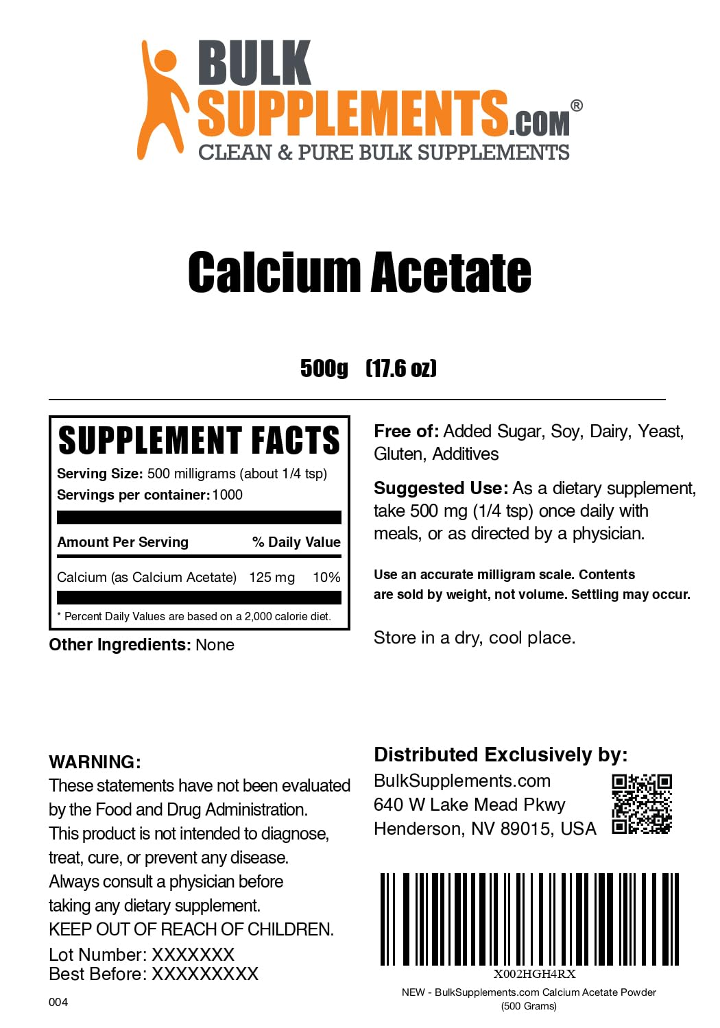 BulkSupplements Calcium Acetate Powder – Calcium Supplement, Food Grade, Gluten Free, 500 mg per Serving, 500 g