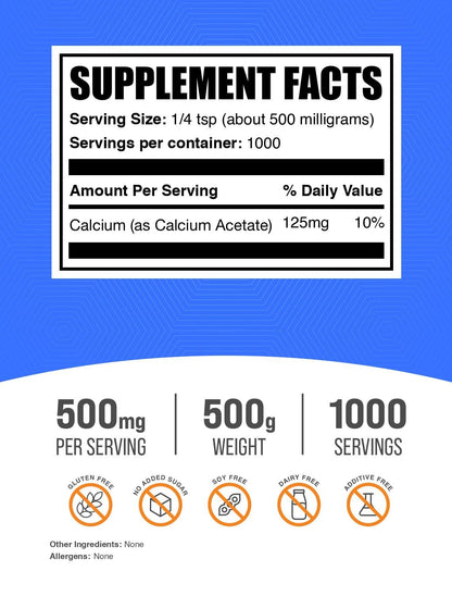 BulkSupplements Calcium Acetate Powder – Calcium Supplement, Food Grade, Gluten Free, 500 mg per Serving, 500 g