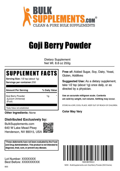 Wolfberry Extract Powder (Goji Berry) – Vegan, Gluten Free, 250g | BulkSupplements