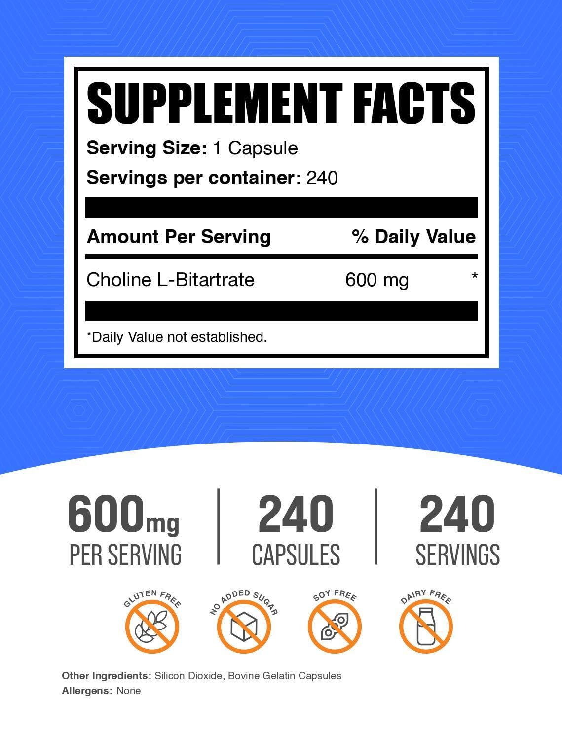 BulkSupplements Choline Bitartrate Capsules | Choline L-Bitartrate 600mg, 2 Capsules per Serving, 240 Capsules (Pack of 1)