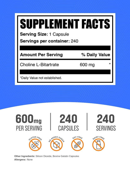 BulkSupplements Choline Bitartrate Capsules | Choline L-Bitartrate 600mg, 2 Capsules per Serving, 240 Capsules (Pack of 1)