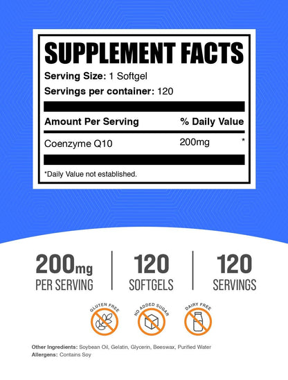 BulkSupplements CoQ10 200mg Softgels – Heart Health, Gluten Free, 120 Count