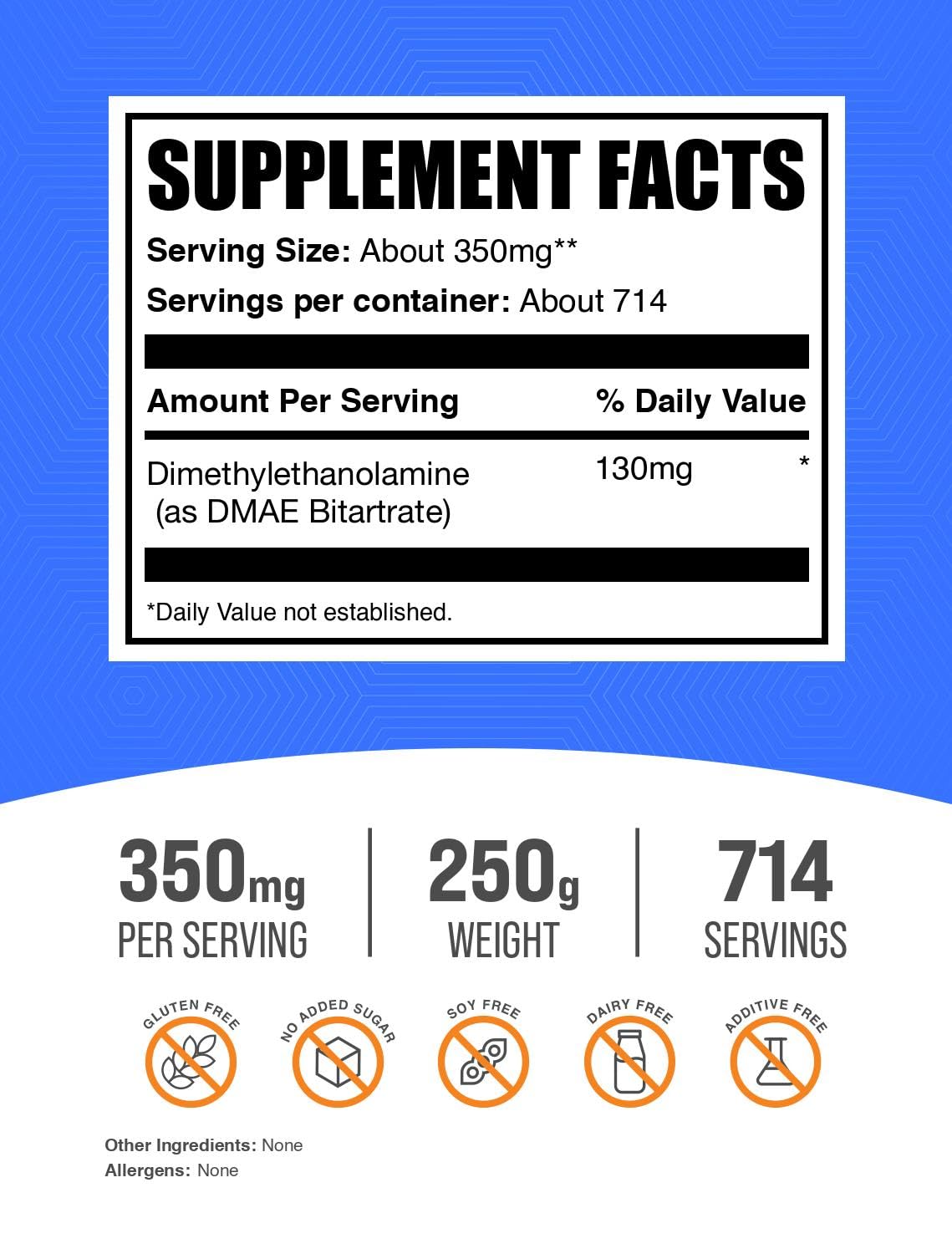 BulkSupplements.com DMAE Bitartrate Powder – 350mg per Serving, Unflavored, Gluten Free, 250g