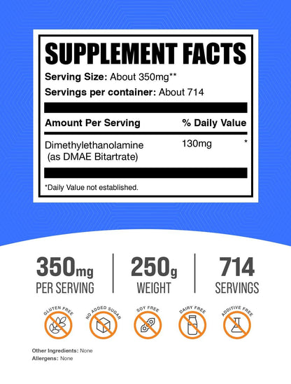 BulkSupplements.com DMAE Bitartrate Powder – 350mg per Serving, Unflavored, Gluten Free, 250g