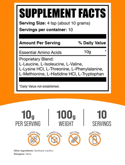 BulkSupplements Essential Amino Acids Powder (EAA) – Unflavored, Gluten Free, 100g
