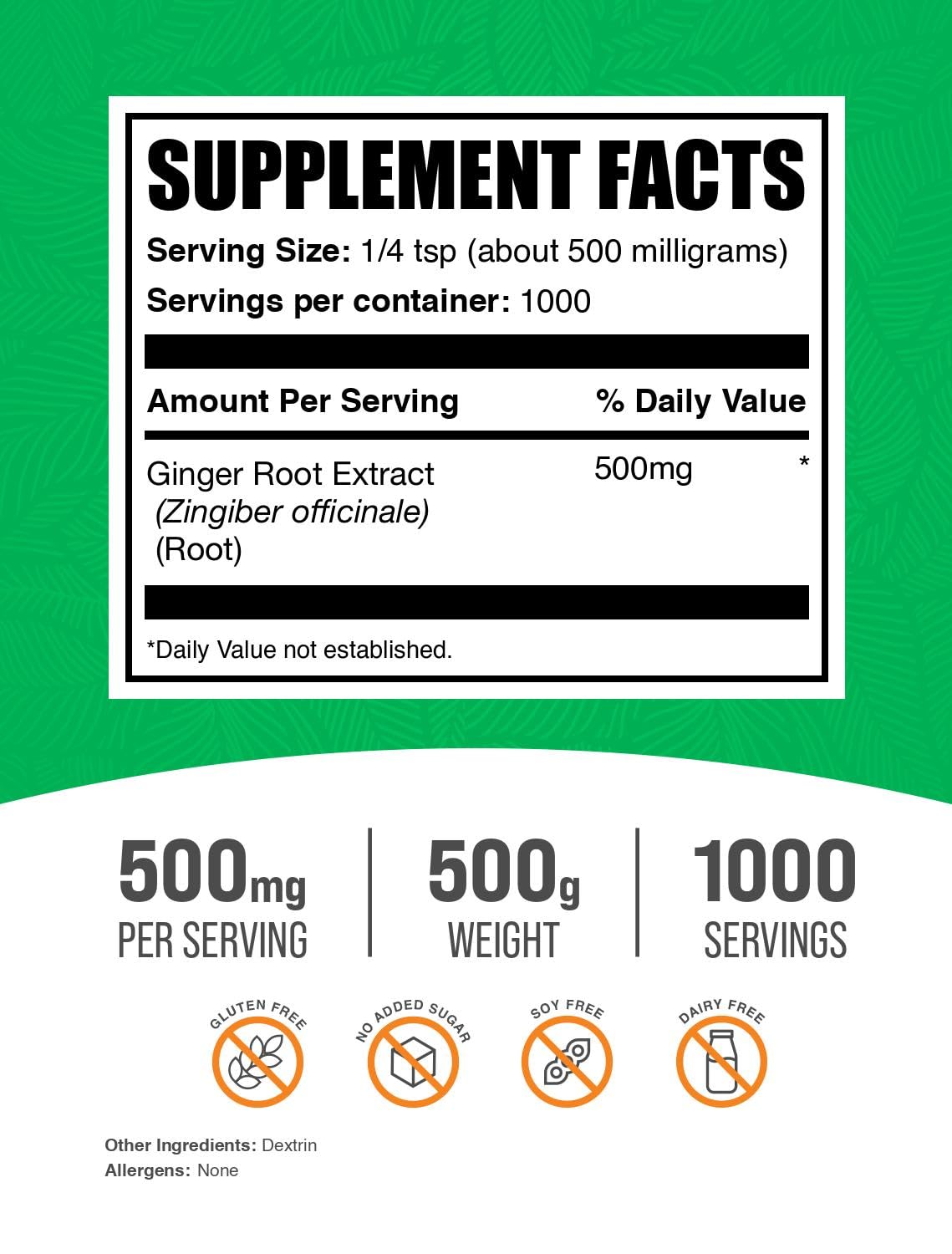 BulkSupplements Ginger Root Extract Powder – 500mg per Serving, 500g (Pack of 1)