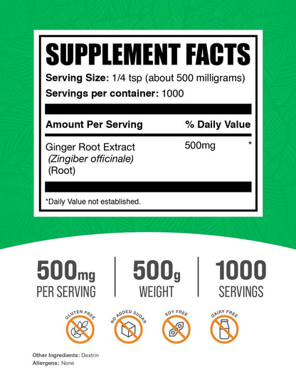 BulkSupplements Ginger Root Extract Powder – 500mg per Serving, 500g (Pack of 1)