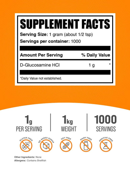 BulkSupplements.com Glucosamine HCl Powder – Joint Support, Gluten Free, 1g Serving, 1kg