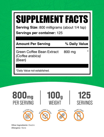 BulkSupplements Green Coffee Bean Extract Powder – 800mg per Serving, 100g (3.5 oz) | Energy Support, Gluten Free