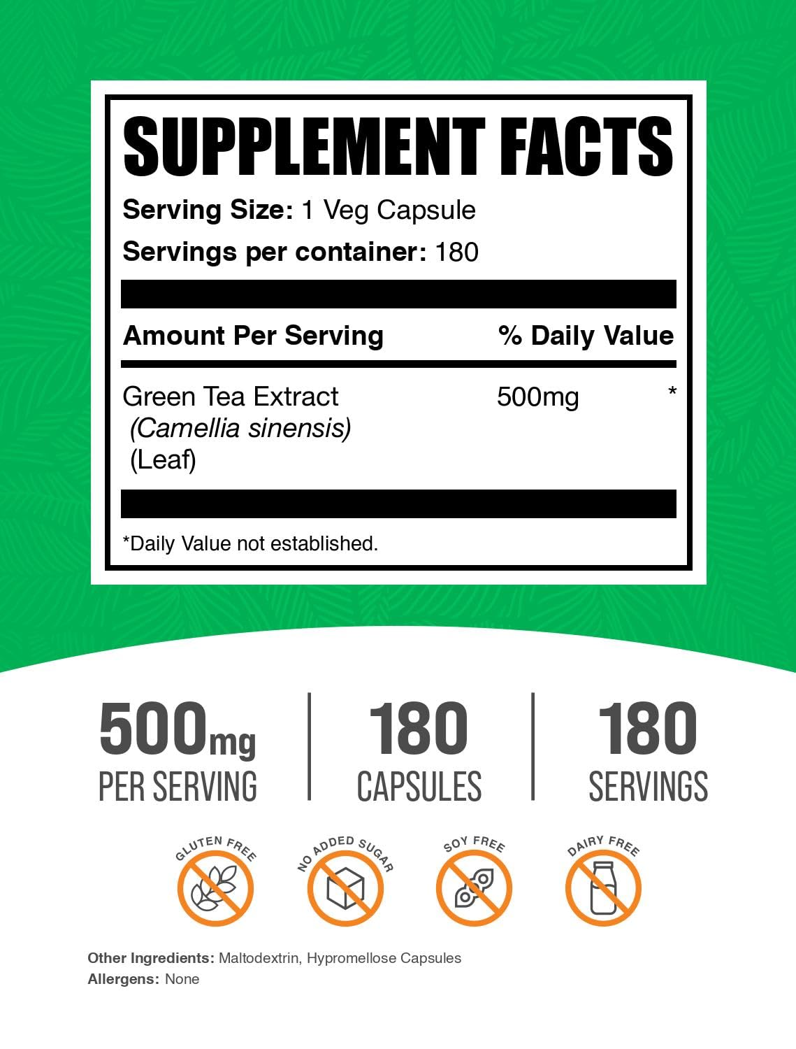 BulkSupplements.com Green Tea Extract Capsules - 500mg, 180 Veg Capsules (Vegan & Gluten Free)