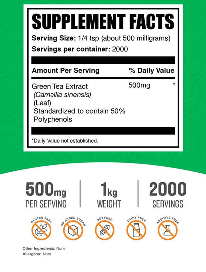 BulkSupplements.com Green Tea Extract Powder – 50% Polyphenols, EGCG, 500 mg/Serving, 1 kg