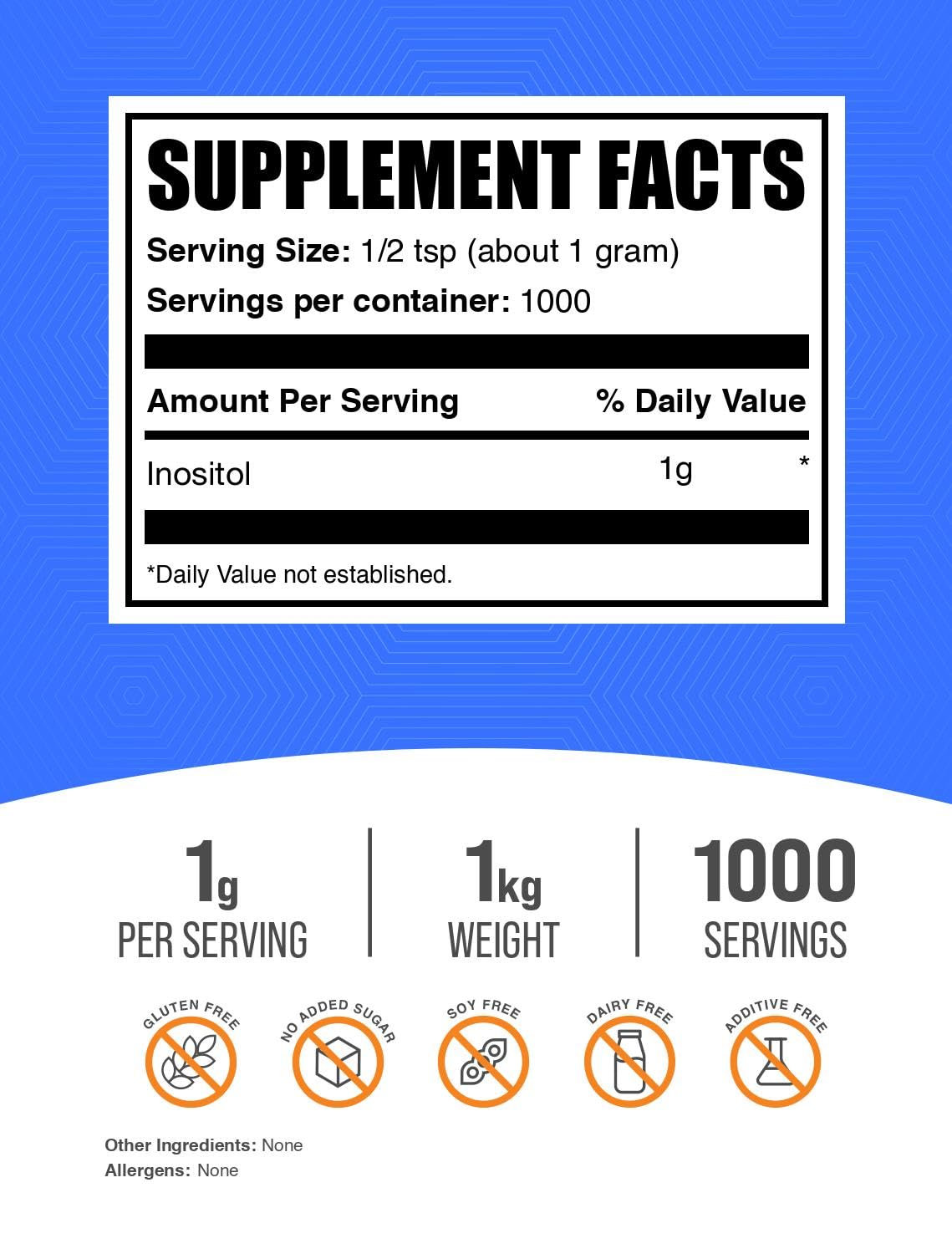 BulkSupplements Inositol Powder 1kg - Unflavored, Gluten Free Vitamin B8 Supplement (1g per Serving)