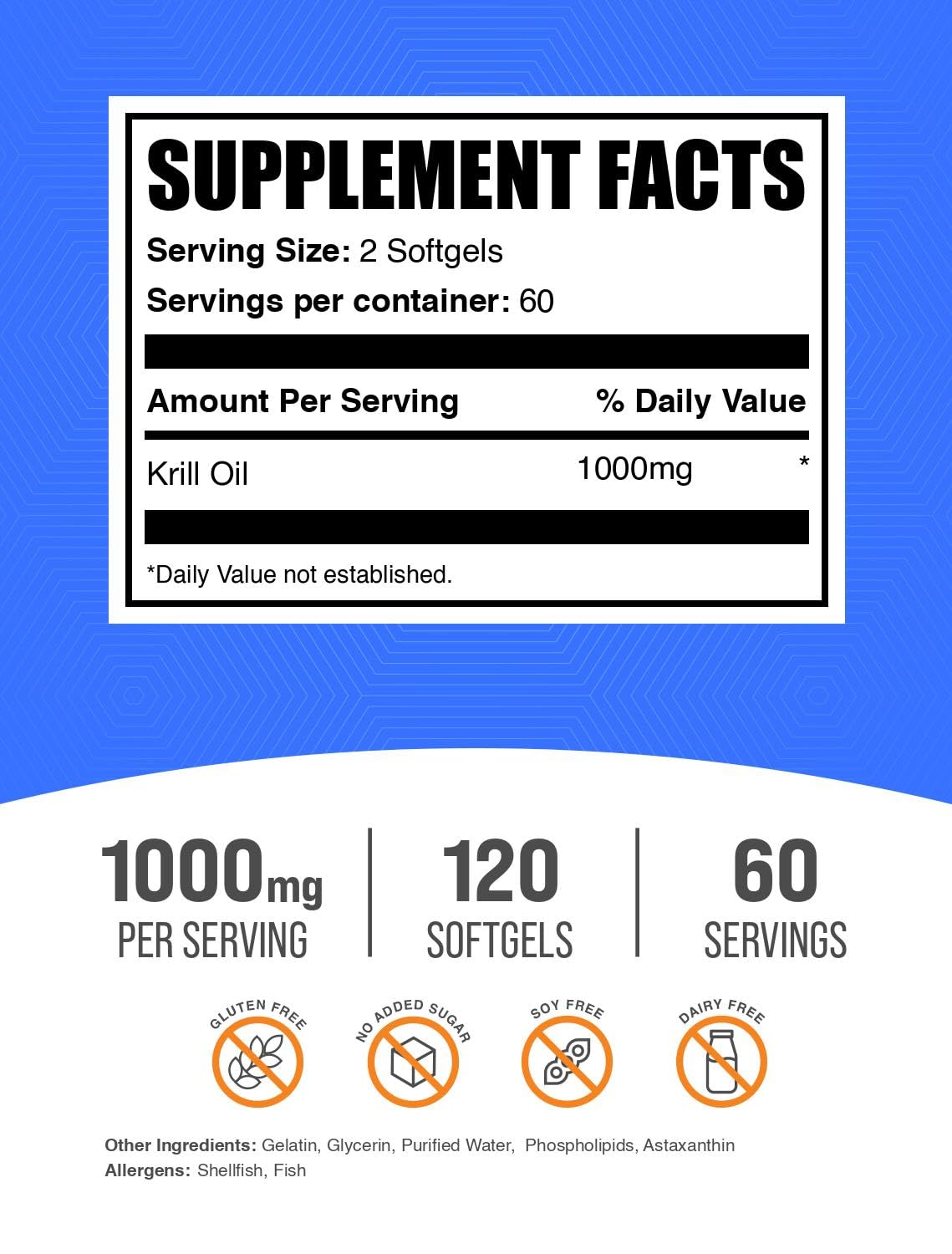 BulkSupplements.com Krill Oil 1000mg Softgels - Antarctic Krill Oil, Omega-3 & DHA - Gluten Free, 2 Softgels per Serving, 120 Count