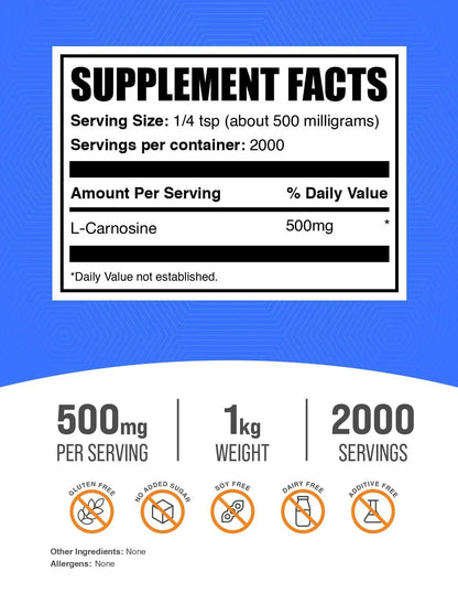 BulkSupplements L-Carnosine Powder 500mg per Serving – Gluten Free, 1kg BritishVita | Premium UK Vitamins & Wellness Supplements
