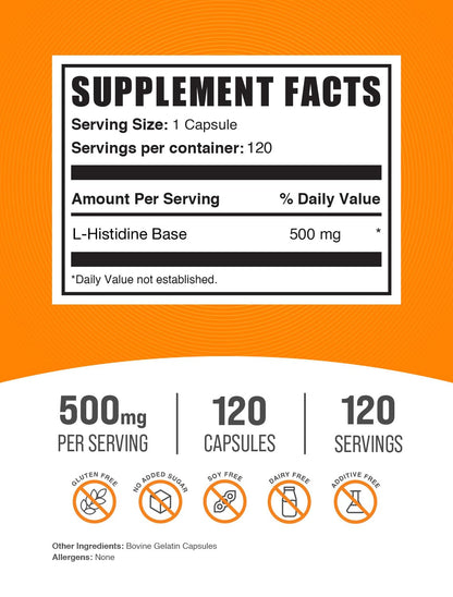 BulkSupplements L-Histidine Capsules - L-Histidine Base, Essential Amino Acid, Gluten Free | 120 Capsules per Bottle, Pack of 2