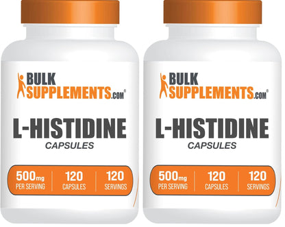 BulkSupplements L-Histidine Capsules - L-Histidine Base, Essential Amino Acid, Gluten Free | 120 Capsules per Bottle, Pack of 2