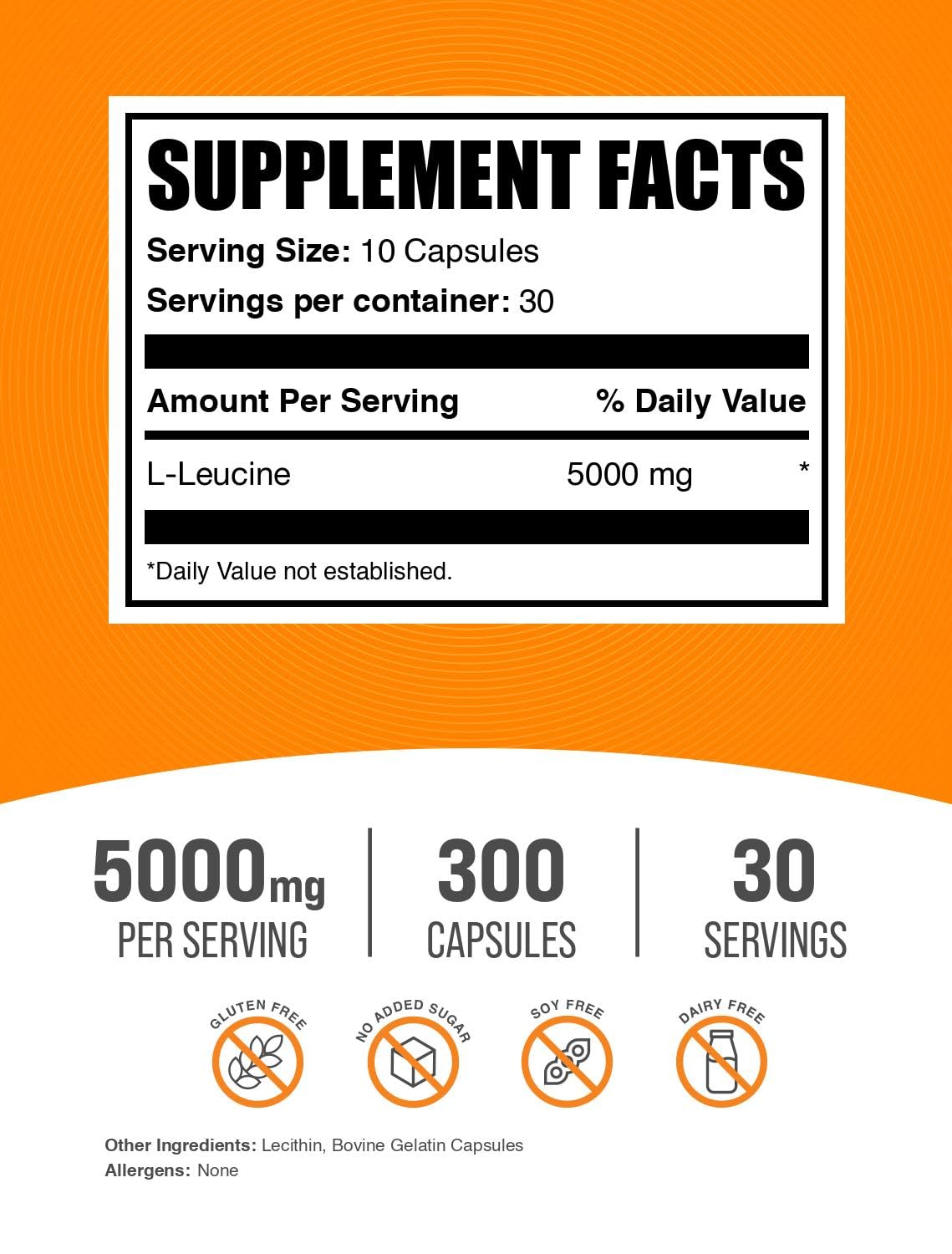 L-Leucine Capsules 5000mg/Serving – Gluten Free, 300 Count | BulkSupplements