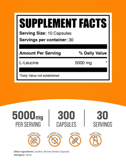 L-Leucine Capsules 5000mg/Serving – Gluten Free, 300 Count | BulkSupplements
