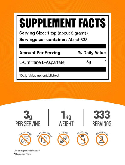 BulkSupplements L-Ornithine L-Aspartate Powder – 3 g Serving, 1 kg, Gluten Free BritishVita | Premium UK Vitamins & Wellness Supplements