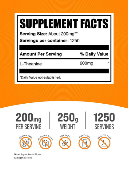 BulkSupplements L-Theanine Powder - 200mg per Serving, 250g (Gluten Free)
