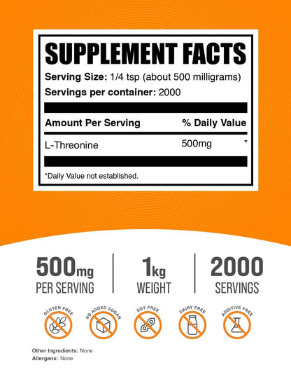 BulkSupplements L-Threonine Powder – 1kg, 500mg per Serving | Gluten Free Essential Amino Acid