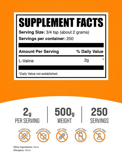 BulkSupplements L-Valine Powder 500g – 2g Serving, Unflavored
