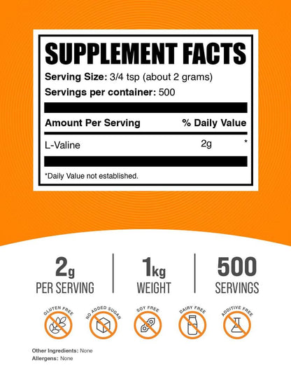 BulkSupplements L-Valine Powder – 2 g per Serving, Unflavored Gluten Free BCAA, 1kg